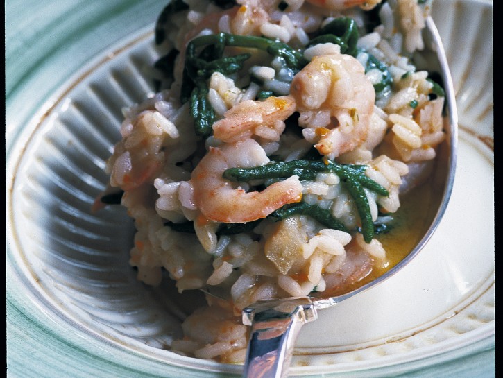 Risotto bianco ai gamberetti e asparagi di mare