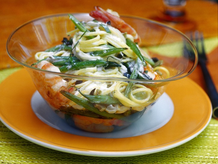 Linguine con fagiolini e gamberi