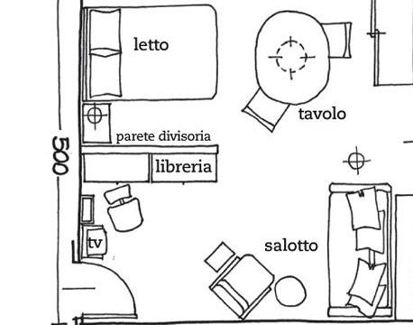 Living, zona letto, guardaroba e home office in una sola stanza