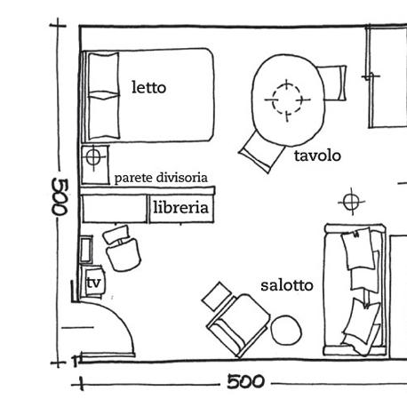 Living, zona letto, guardaroba e home office in una sola stanza