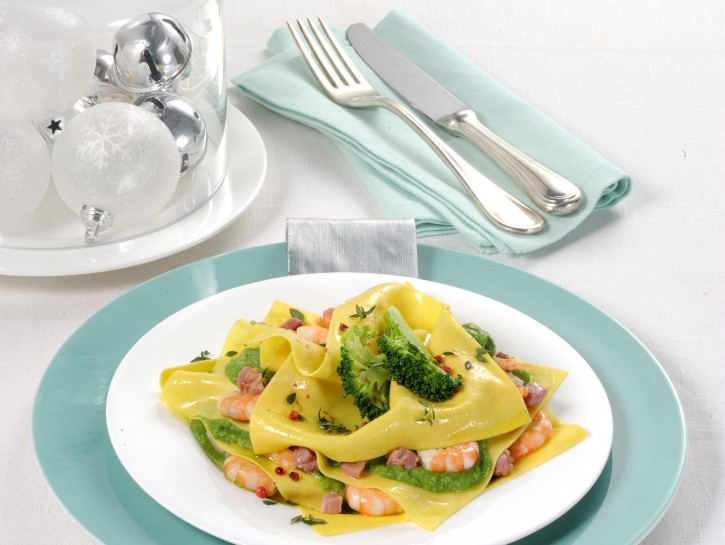 Lasagnette con crema di broccoli e gamberi