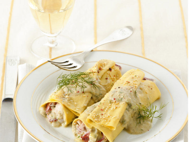 Cannelloni di carciofi e scorfano con vellutata