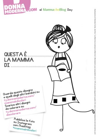 La mamma legge un libro. Scarica il disegno e fallo colorare al tuo bambino.