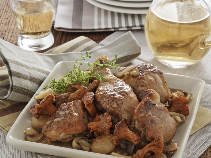Pollo al vino rosso con cipolline e funghi