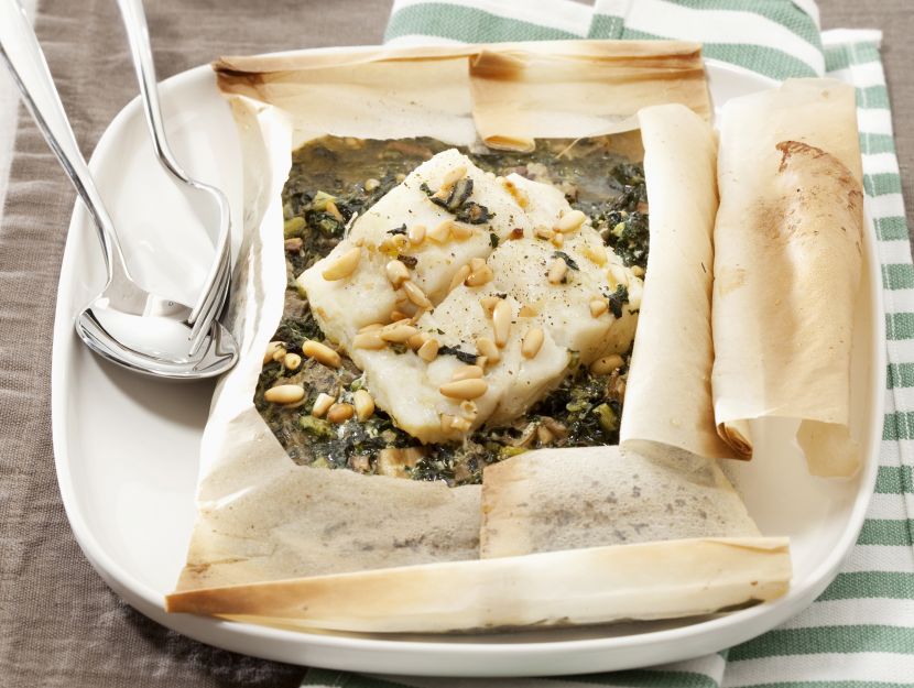 baccala-con-cavolo-nero-funghi-e-pinoli preparazione