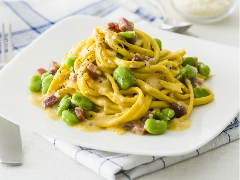 Carbonara di chitarrine gialle al prosciutto