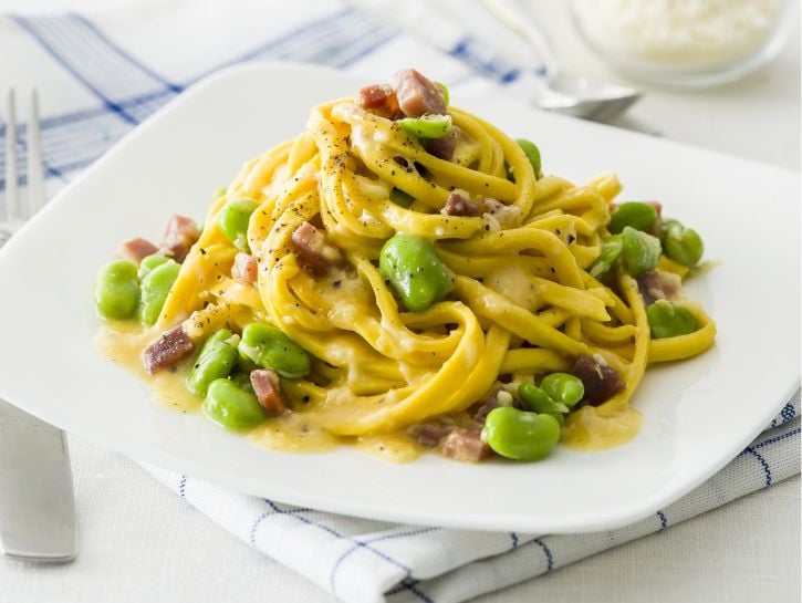 carbonara-di-chitarrine-gialle-al-prosciutto foto