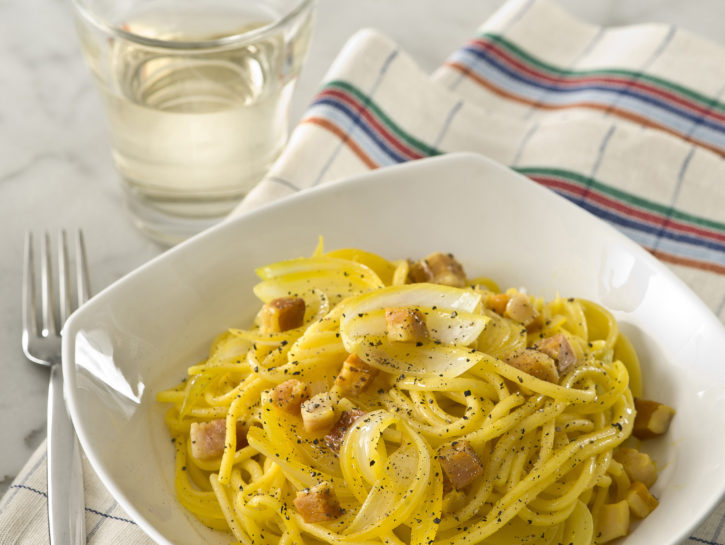 Pasta alla chitarra con zafferano e pancetta