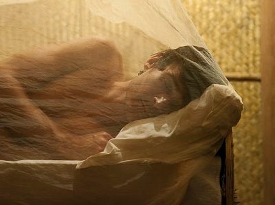 Man asleep under mosquito net