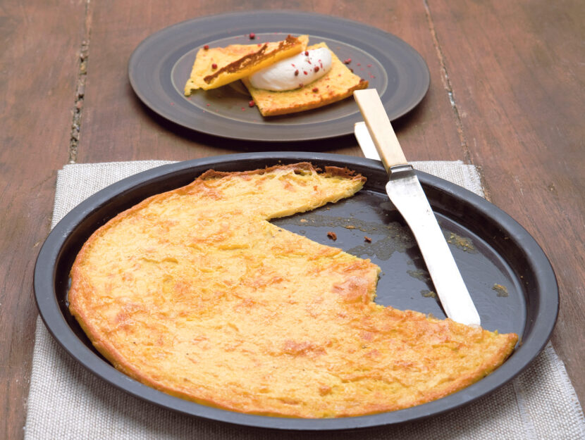 Farinata con ricotta di bufala al pepe rosa