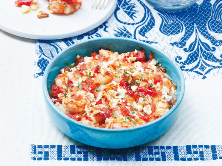 Gratin di gamberi, pomodori e feta