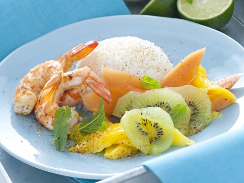 Basmati con gamberi e frutta tropicale