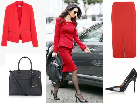 Come indossare il tailleur rosso, prendendo spunto da Amal Clooney