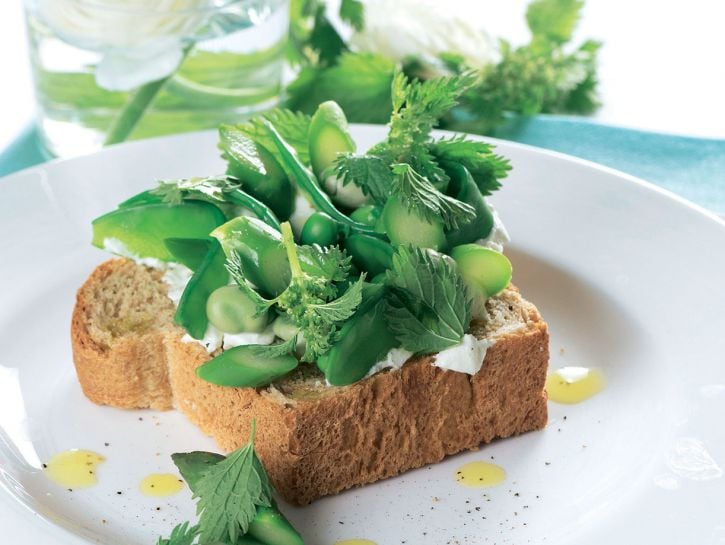 Bruschette di verdure novelle, caprino e ortica