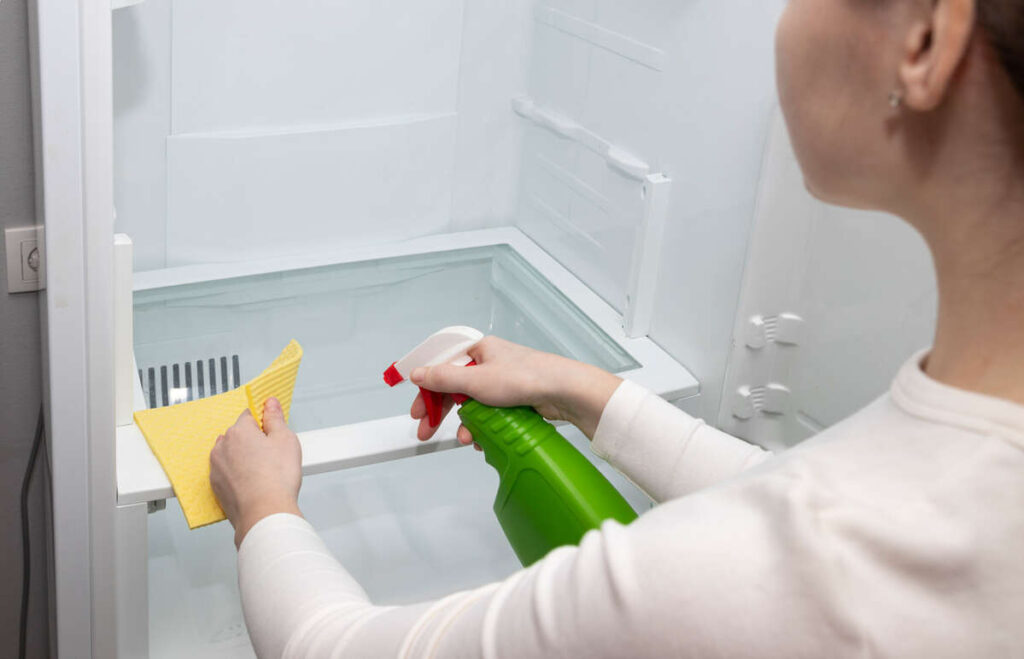 donna che pulisce frigorifero interno