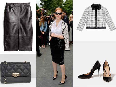 Glamour in pelle e tweed come Jessica Chastain