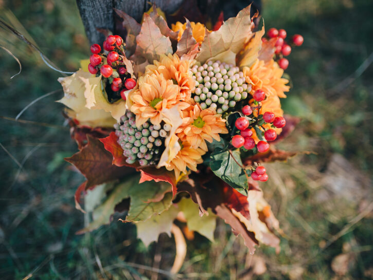 Bouquet autunnaleBacche selvatiche, il rosso e l'arancione intenso delle foglie cadute, margherite,
