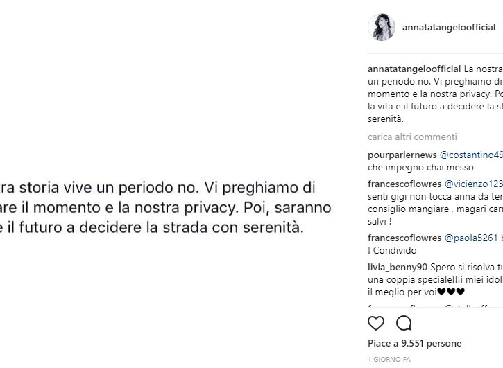 Ecco l’annuncio ufficiale in cui chiedono rispetto per la loro privacy comparso sui profili social
