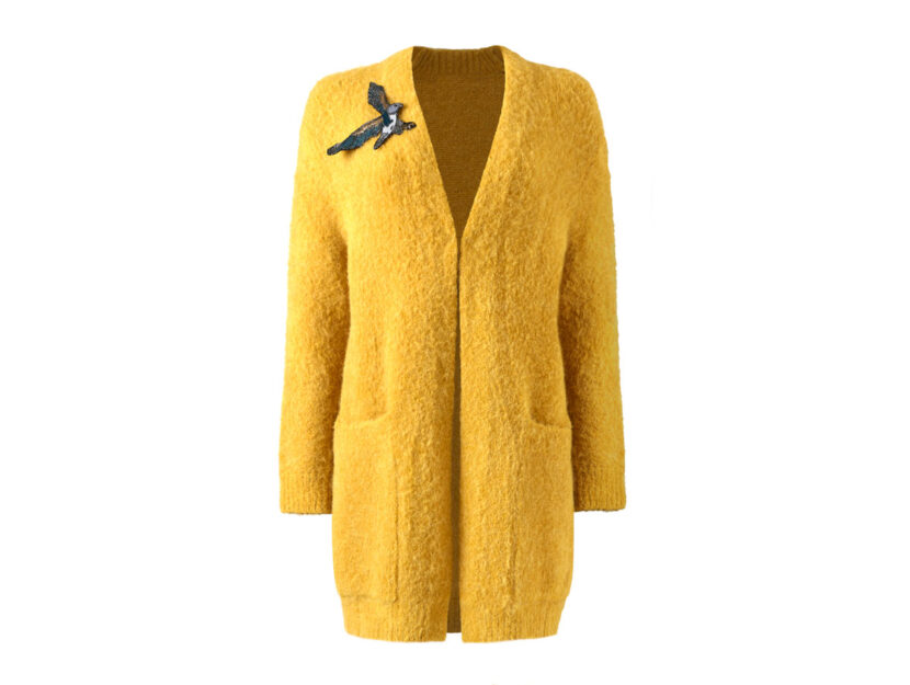 Cardigan Lungo Donna Con Tasche - Giallo, Taglia M, Maglia A Treccia Grossa, Aperto Davanti, Invernale, Taglie Forti