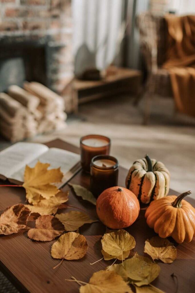 tavolo con candele e zucchette autunnali