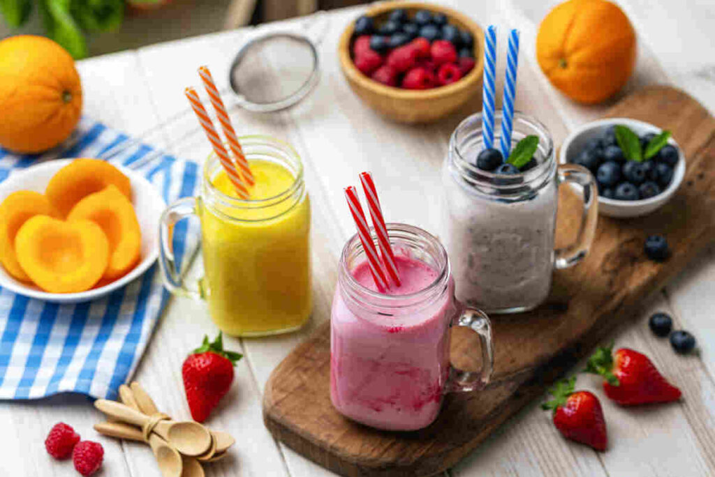 tre bicchieri smoothie con frutta vicino