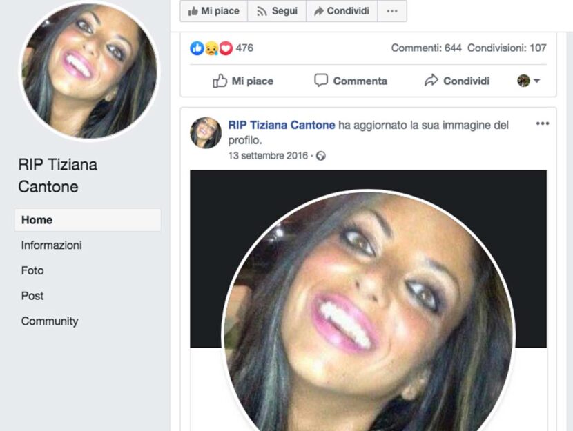 La pagina Facebook di Tiziana Cantone, che si è suicidata il 13 settembre 2016 dopo essere stata vi