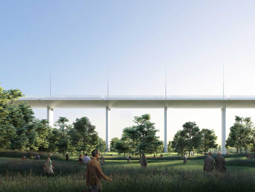 Il rendering del progetto del nuovo viadotto progettato da Renzo Piano che sostituirà il ponte Mora