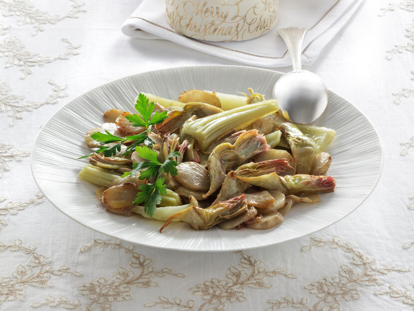 Contorno di topinambur, carciofi e cardi in padella