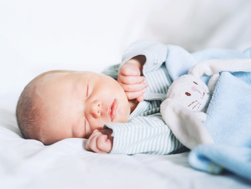 Neonato dorme con peluche