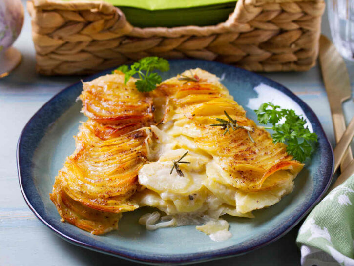 Gratin estivo di patate, pomodori e cipolle