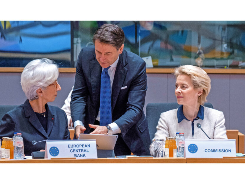 Giuseppe Conte fra Christine Lagarde e Ursula Von der Leyen