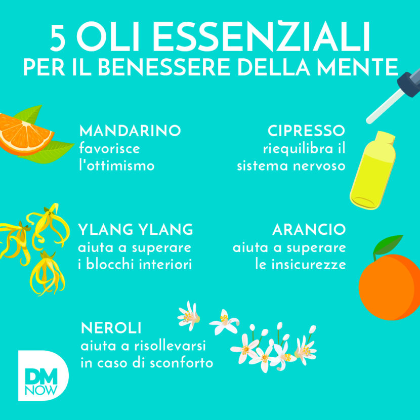 5 oli essenziali per il benessere della mente. Altre infografiche su https://www.instagram.com/dmnow