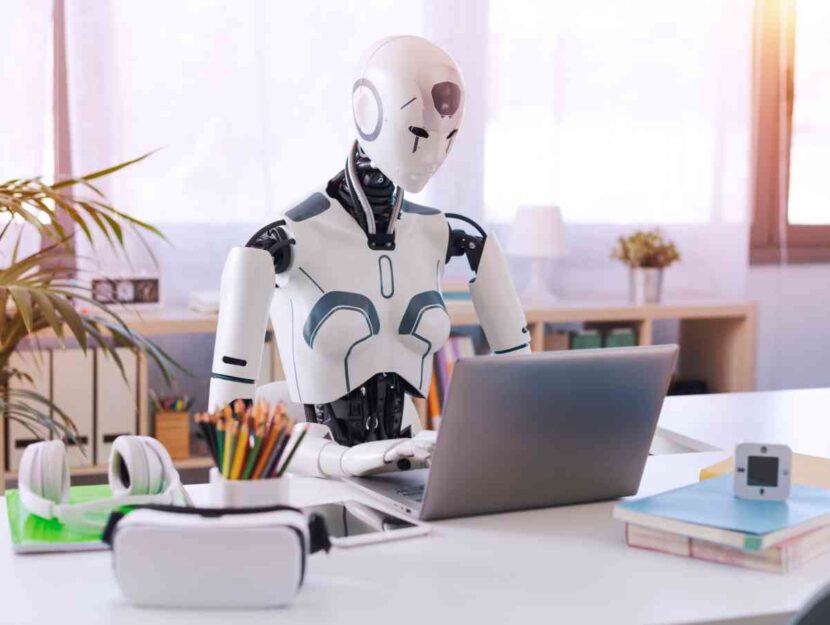 Un robot umanoide lavora al computer