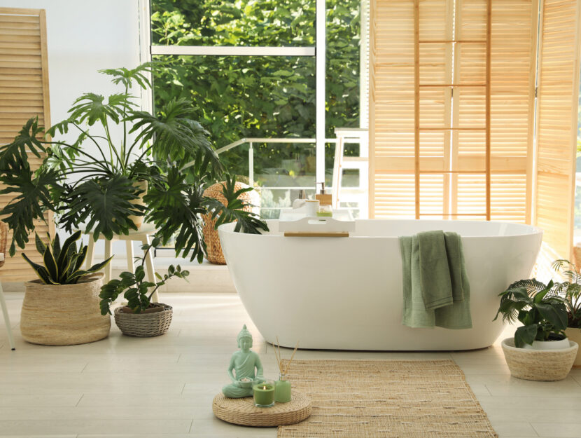 bagno di casa in stile zen con legno e piante da arredo