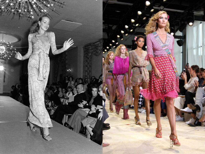 Wrap dress: a sinistra Jerry Hall nella sfilata Diane von Furstenberg autunno 1975. A destra, la sfilata primavera estate 2016