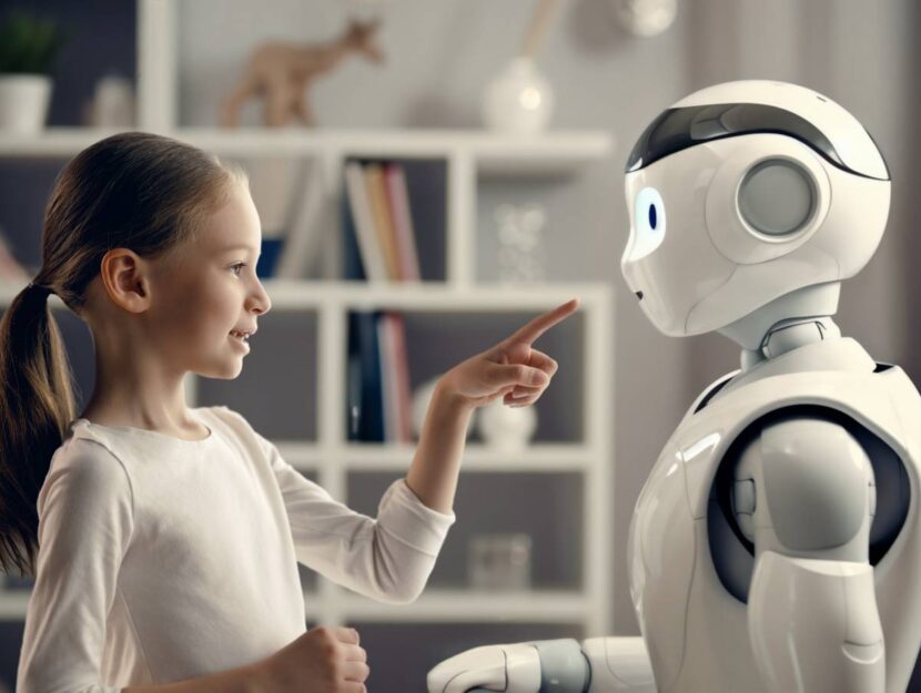 Una bambina gioca con un robot