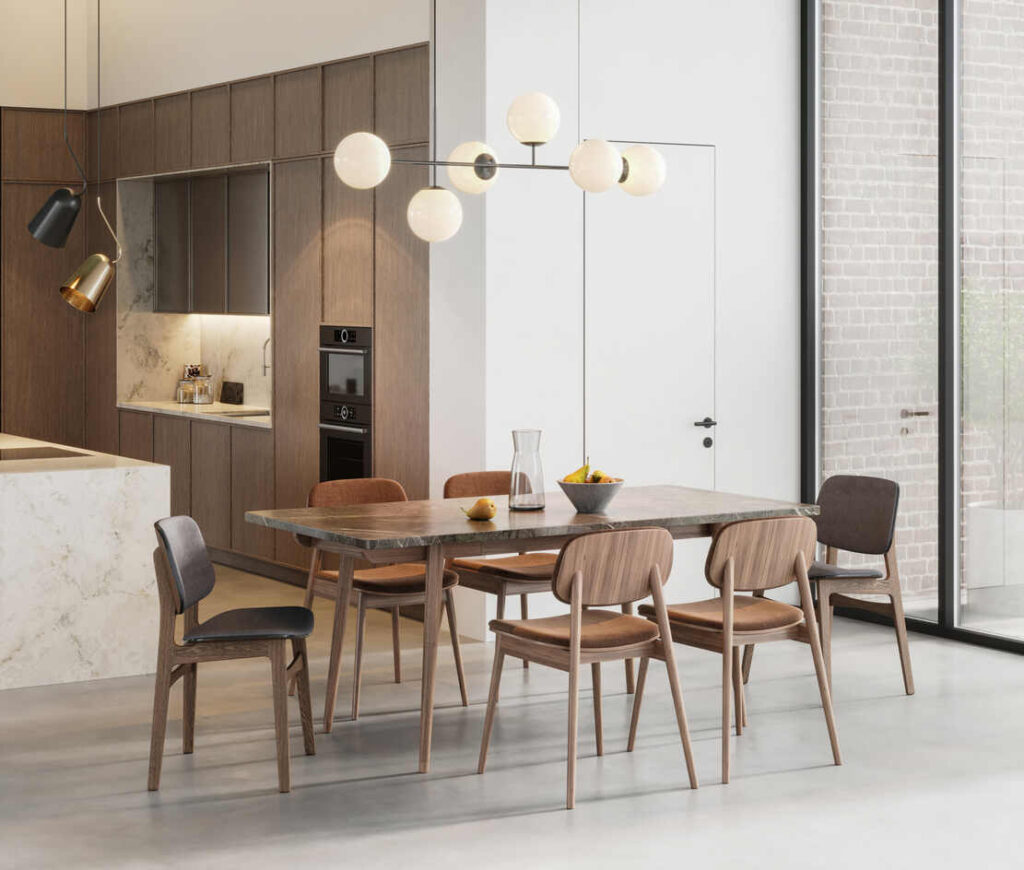 tavola cucina con sedie e lampade sospese
