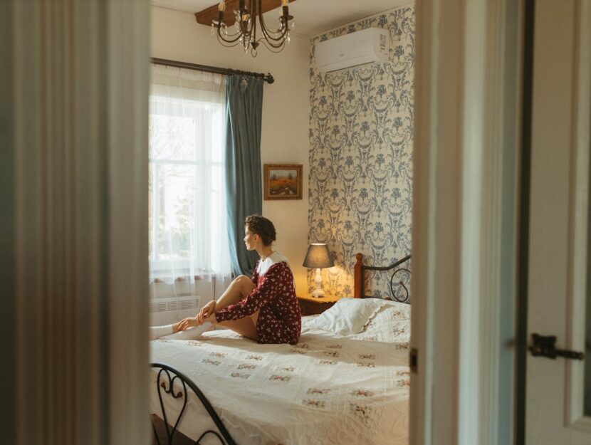 donna seduta sul letto con condizionatore sullo sfondo