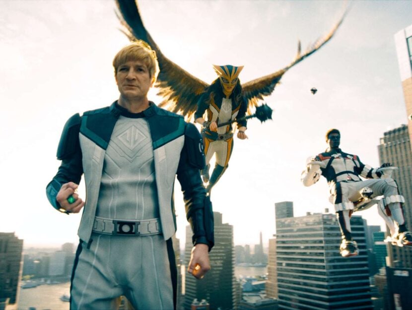 NATHAN FILLION as Guy Gardner, ISABELA MERCED as Hawkgirl and EDI GATHEGI as Mr. Terrific in DC Studios’ and Warner Bros. Pictures’ “SUPERMAN,” a Warner Bros. Pictures release