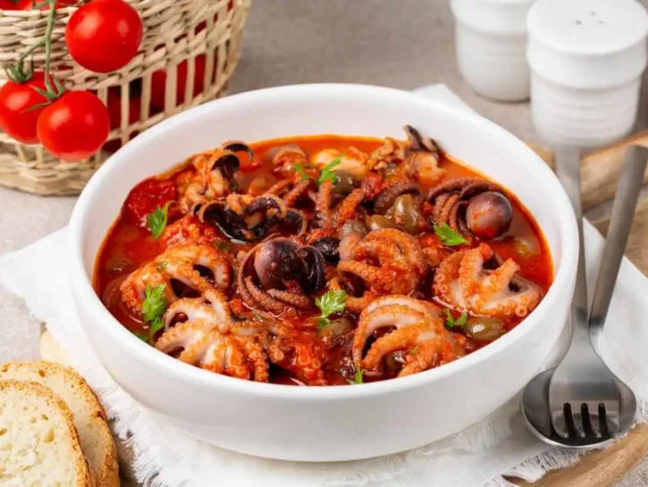 Polpo alla greca in salsa di pomodoro, aglio e olive