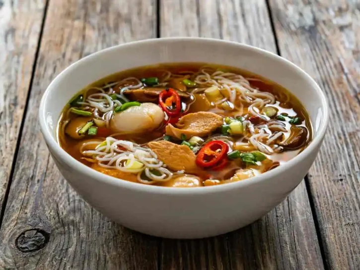 Zuppa cinese con carne di pollo e spaghetti di riso