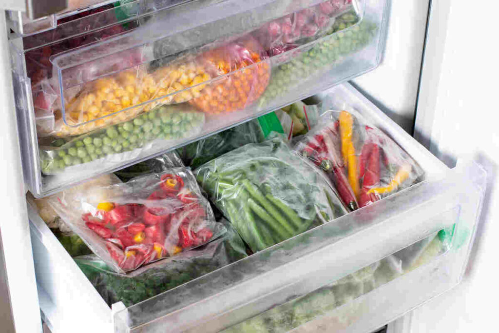 Alimenti in sacchetti di plastica in scomparto del freezer