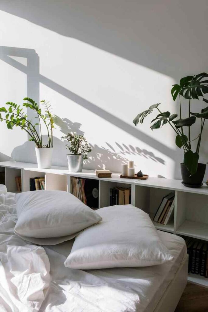 camera da letto con biancheria da letto e piante su mobile bianco