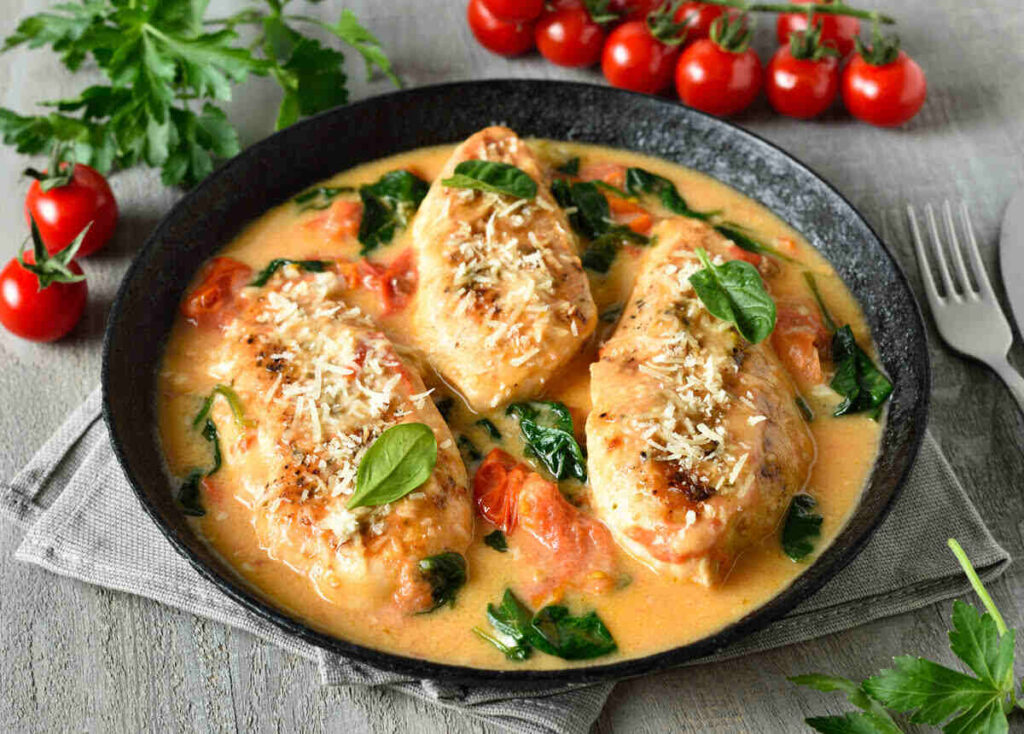Fette di pollo con spinaci e pomodorini avvolte in sugo cremoso
