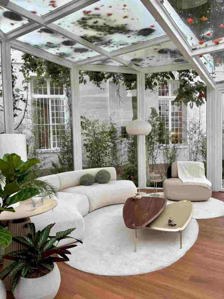 Veranda elegante con mobili minimalisti e rigogliose piante da interno