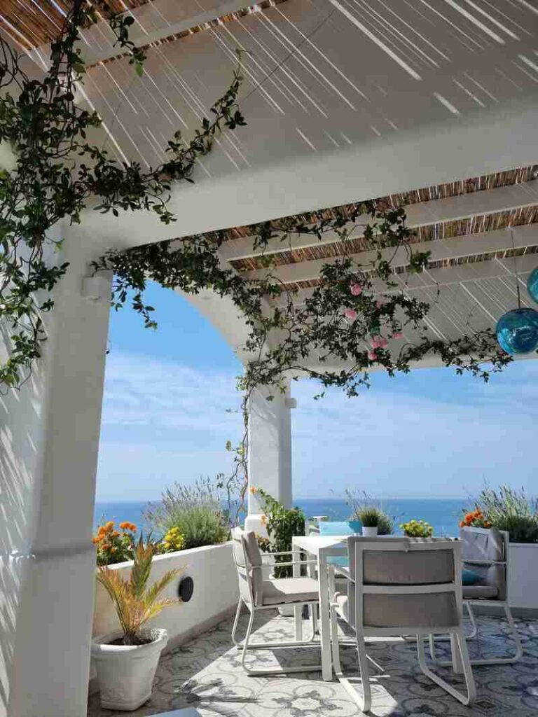Terrazza semicoperta con tavolo, sedie, piante e piante rampicanti