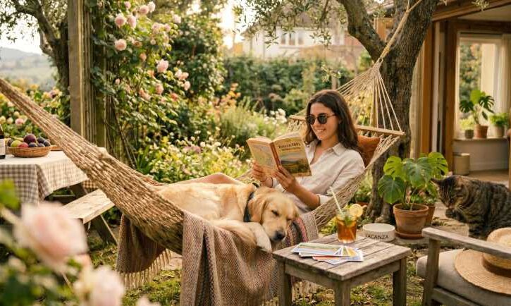 donna legge su amaca con un cane vicino
