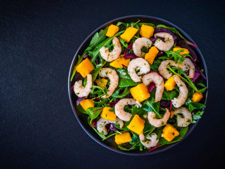 Insalata di melone con ruchetta e gamberi