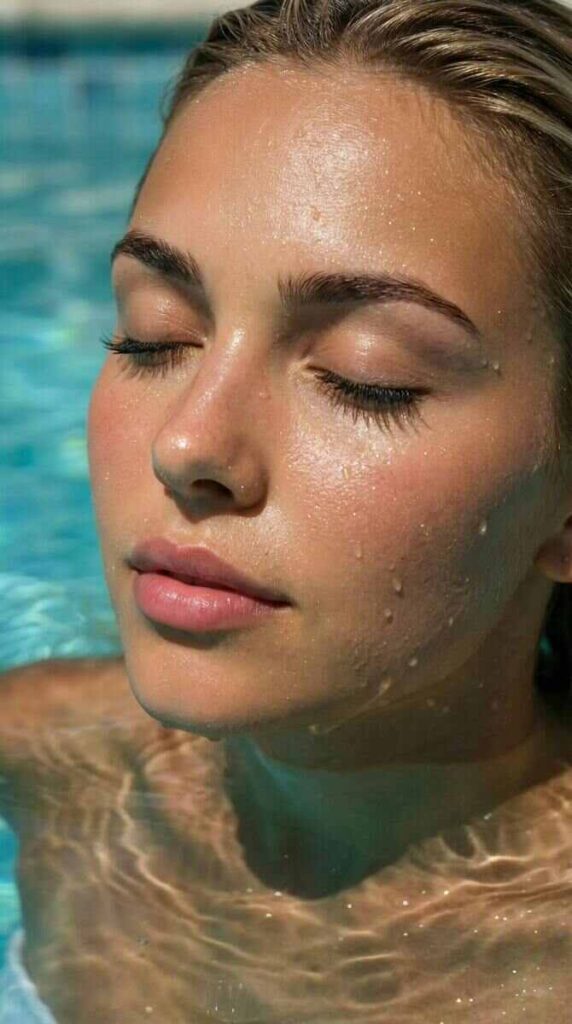 Donna occhi chiusi in acqua con viso semi bagnato