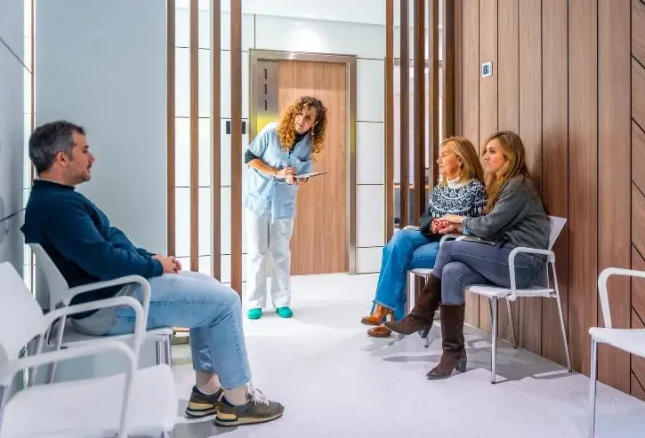 all'interno della sala d'aspetto di uno studio medico una dottoressa chiama il prossimo paziente